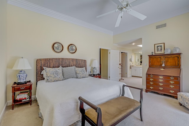 1 Sandpiper Cv, Ponte Vedra Beach, FL 32082 - bedroom with light colored carpet, ornamental molding, ensuite bath, and a ceiling fan