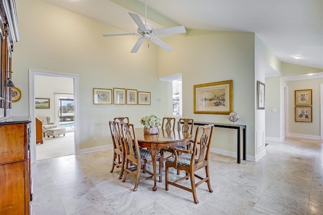 1 Sandpiper Cv, Ponte Vedra Beach, FL 32082 - dining area featuring ceiling fan, high vaulted ceiling, and beamed ceiling