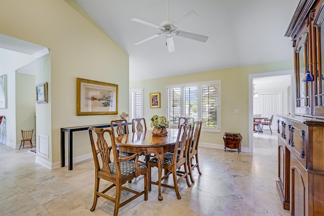 1 Sandpiper Cv, Ponte Vedra Beach, FL 32082 - dining room with a ceiling fan and high vaulted ceiling