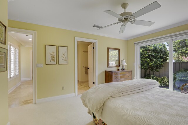 1 Sandpiper Cv, Ponte Vedra Beach, FL 32082 - bedroom featuring access to outside, a ceiling fan, ensuite bath, crown molding, and light colored carpet