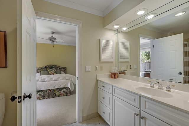 1 Sandpiper Cv, Ponte Vedra Beach, FL 32082 - ensuite bathroom featuring crown molding, vanity, ceiling fan, recessed lighting, and a shower with curtain
