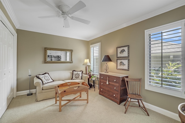 1 Sandpiper Cv, Ponte Vedra Beach, FL 32082 - carpeted living area with crown molding and ceiling fan