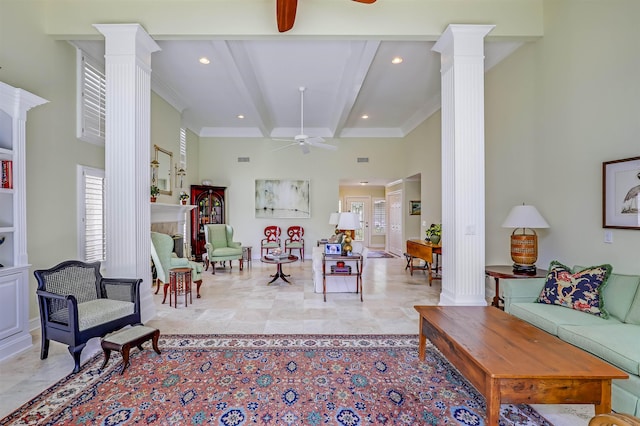 1 Sandpiper Cv, Ponte Vedra Beach, FL 32082 - living room with decorative columns, a ceiling fan, beam ceiling, recessed lighting, and a towering ceiling