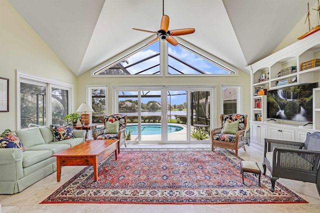 1 Sandpiper Cv, Ponte Vedra Beach, FL 32082 - living area featuring vaulted ceiling, a ceiling fan, and built in shelves