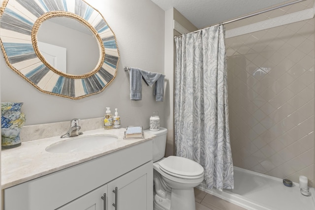 full bathroom with shower / bathtub combination with curtain, vanity, toilet, and tile patterned flooring