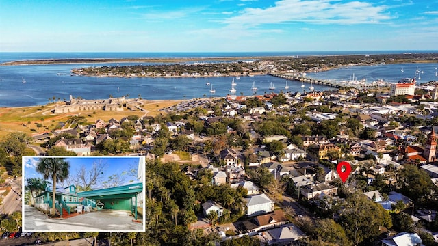 drone / aerial view featuring a water view