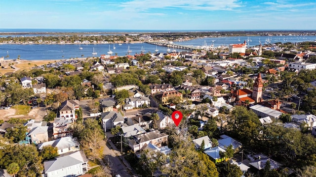 drone / aerial view with a water view