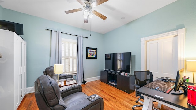 office area featuring hardwood / wood-style flooring and ceiling fan