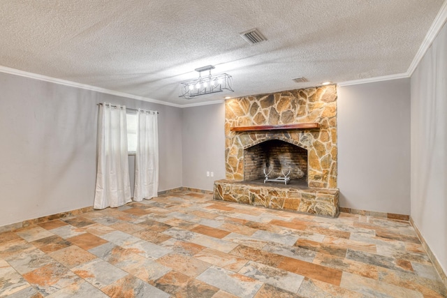 unfurnished living room featuring a fireplace, crown molding, and a textured ceiling