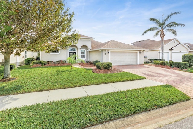 view of front of house with a front yard and a garage