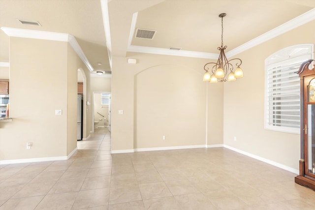 tiled empty room with a notable chandelier and crown molding