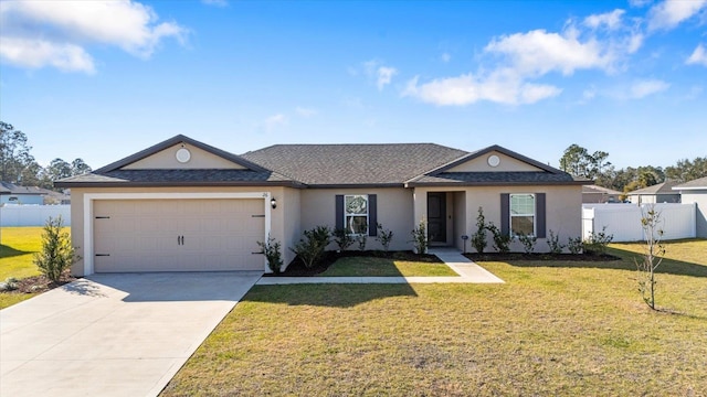 single story home with a garage and a front lawn