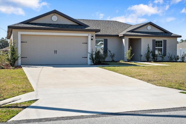 ranch-style house with a garage and a front lawn