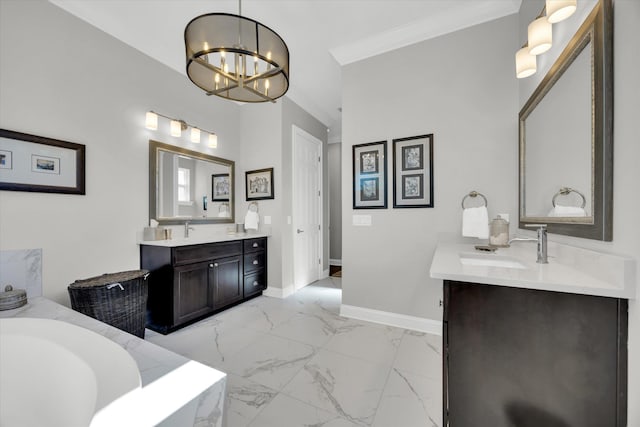 full bath with crown molding, baseboards, an inviting chandelier, marble finish floor, and a sink