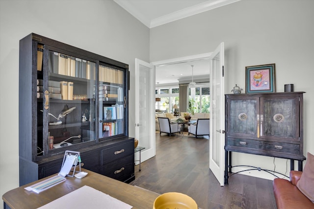 office featuring dark wood-type flooring and ornamental molding