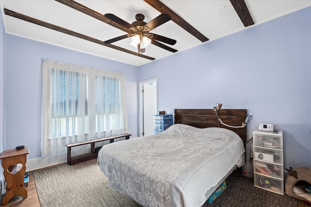 bedroom with beam ceiling, light hardwood / wood-style floors, and ceiling fan