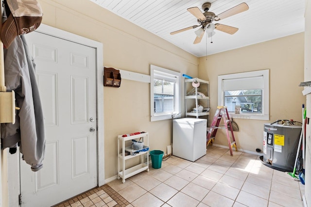 laundry room featuring light tile patterned flooring, water heater, ceiling fan, and a healthy amount of sunlight