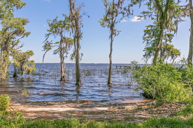 view of dock with a water view