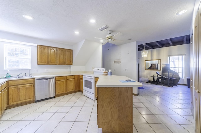 kitchen featuring stainless steel dishwasher, ceiling fan, a textured ceiling, white range with electric stovetop, and kitchen peninsula