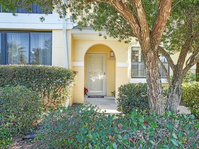 doorway to property featuring stucco siding