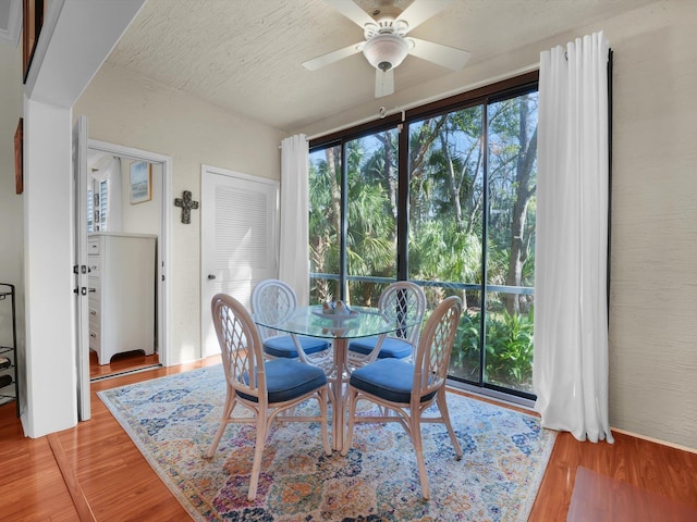 dining space with light wood-type flooring, ceiling fan, and a textured ceiling