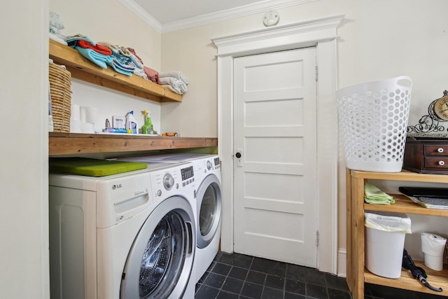 127 M L King Ave, Saint Augustine, FL 32084 - laundry area featuring independent washer and dryer, dark tile patterned flooring, and crown molding