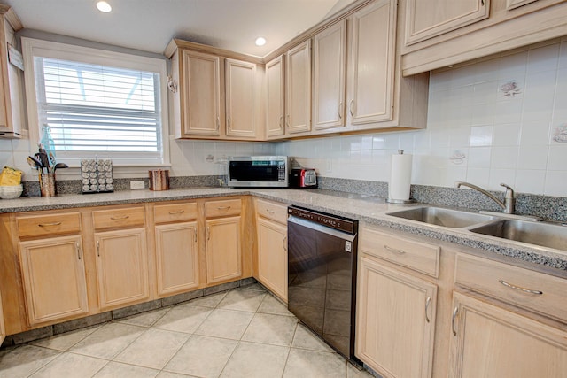 kitchen with sink, dishwasher, light brown cabinets, decorative backsplash, and light tile patterned floors