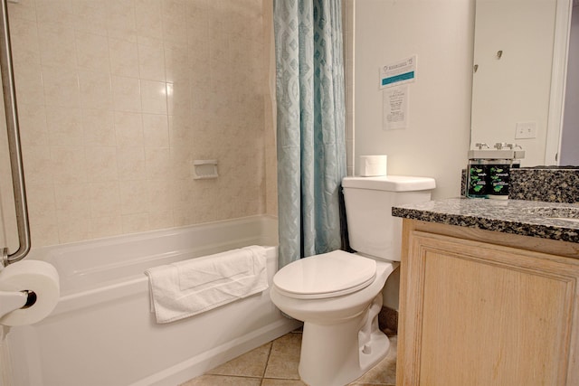 full bathroom featuring shower / bath combo with shower curtain, tile patterned flooring, vanity, and toilet