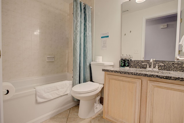 full bathroom with toilet, vanity, tile patterned floors, and shower / tub combo with curtain