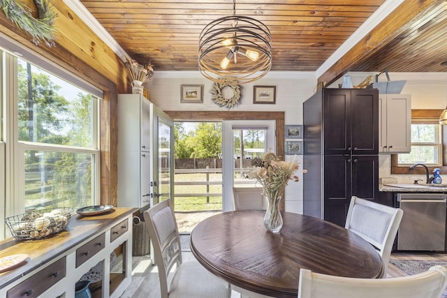 10635 Beckenger Ave, Hastings, FL 32145 - dining space with ornamental molding, an inviting chandelier, and wood ceiling