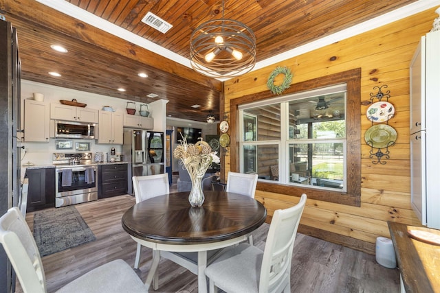 10635 Beckenger Ave, Hastings, FL 32145 - dining area featuring visible vents, wooden walls, wooden ceiling, and wood finished floors