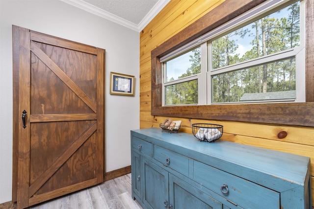 10635 Beckenger Ave, Hastings, FL 32145 - interior space featuring a textured ceiling, ornamental molding, light wood-style flooring, and wooden walls