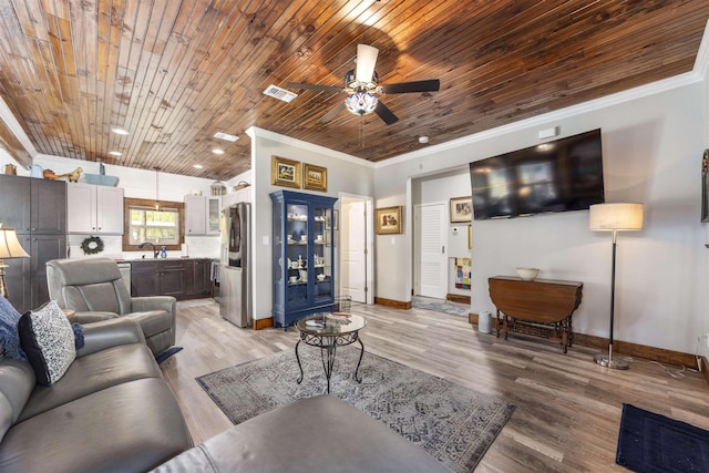 10635 Beckenger Ave, Hastings, FL 32145 - living room featuring wood ceiling, ornamental molding, and ceiling fan