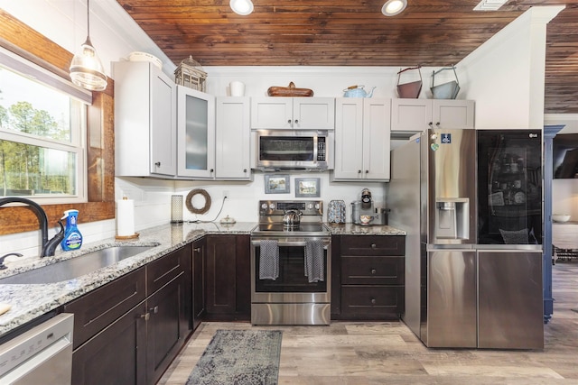 10635 Beckenger Ave, Hastings, FL 32145 - kitchen featuring a sink, light stone countertops, wood ceiling, and appliances with stainless steel finishes