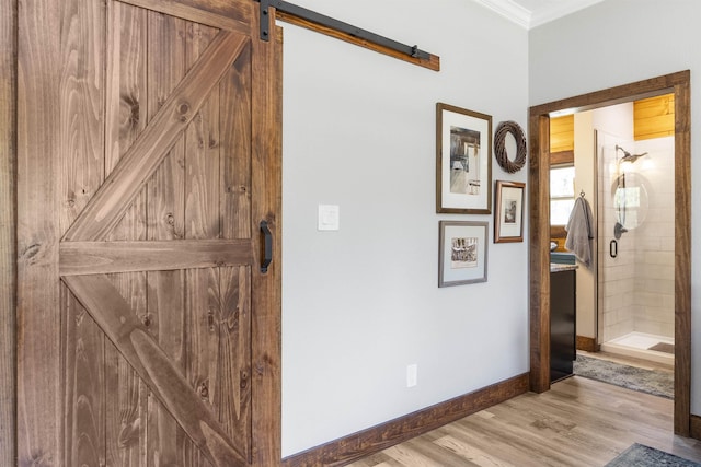 10635 Beckenger Ave, Hastings, FL 32145 - hall with light wood-style flooring, ornamental molding, baseboards, and a barn door