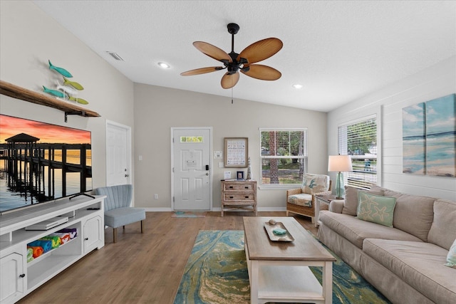 403 Second St, Saint Augustine, FL 32084 - living room featuring recessed lighting, ceiling fan, lofted ceiling, baseboards, and wood finished floors