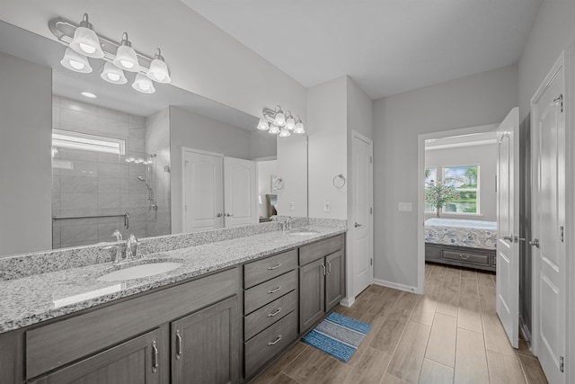 bathroom with hardwood / wood-style flooring, vanity, and an enclosed shower