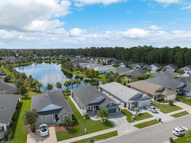 bird's eye view with a water view