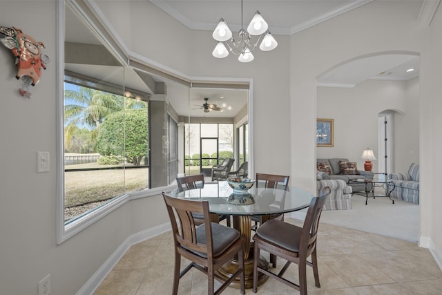 tiled dining area with crown molding