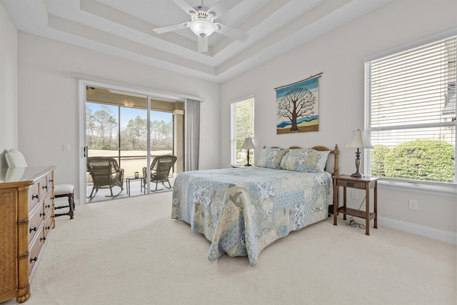 bedroom featuring multiple windows, access to exterior, a tray ceiling, and carpet