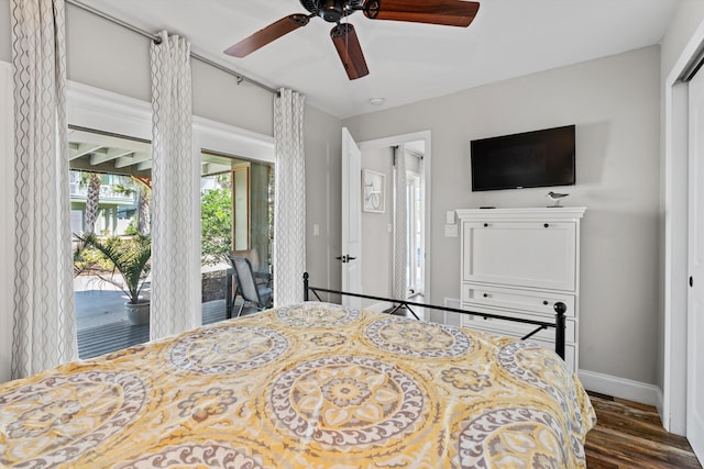 bedroom with ceiling fan, dark hardwood / wood-style floors, access to outside, and a closet