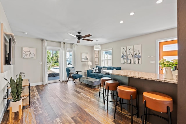 interior space with hardwood / wood-style floors, ceiling fan, and a healthy amount of sunlight