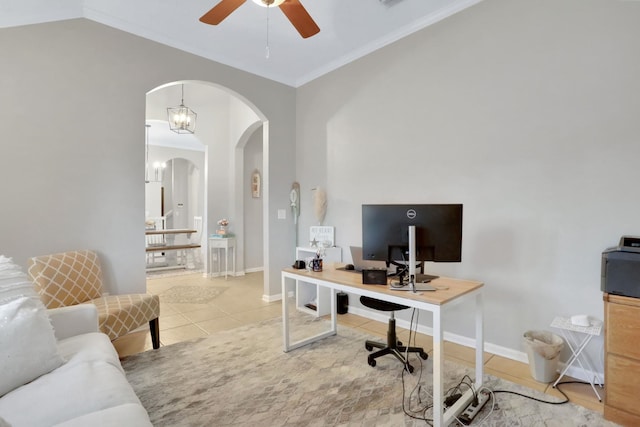 tiled office featuring ornamental molding, vaulted ceiling, and ceiling fan