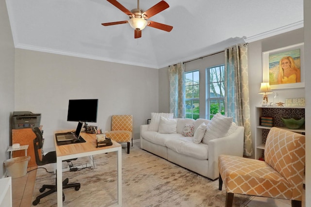 office area featuring crown molding and ceiling fan