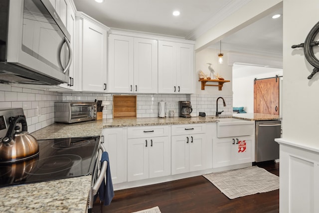 kitchen with crown molding, a barn door, stainless steel appliances, white cabinetry, and a sink