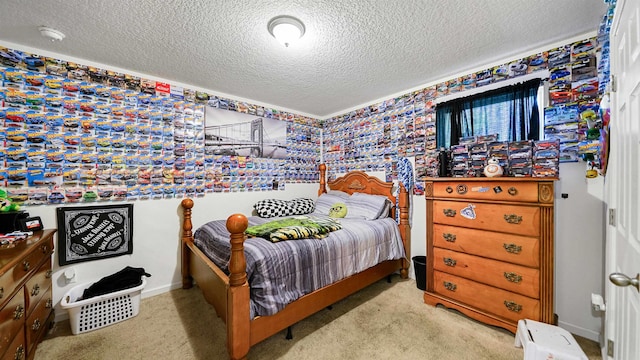 carpeted bedroom featuring a textured ceiling