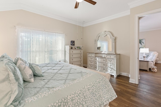 bedroom featuring ceiling fan, crown molding, and dark wood-type flooring