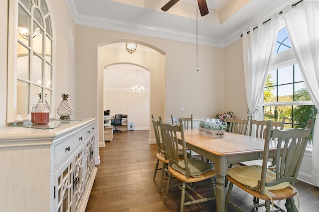 dining space featuring dark hardwood / wood-style floors, crown molding, and ceiling fan with notable chandelier