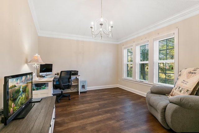 home office featuring a notable chandelier, dark hardwood / wood-style flooring, and ornamental molding