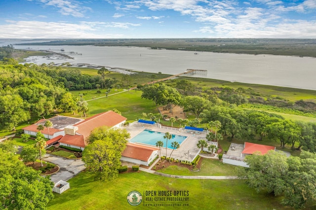 aerial view featuring a water view